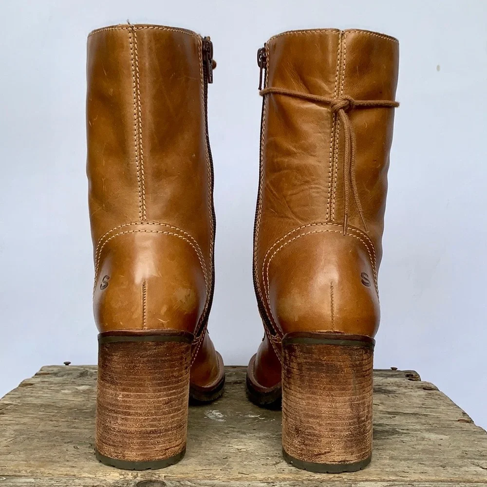 SOLD SKECHERS Vintage Y2K Lace Up Zipper Platform Chunky Heel Brown Ankle Boots - Picture 5 of 9